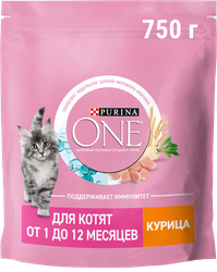 Корм сухой для котят PURINA ONE полнорационный, от 1 до 12 месяцев, с высоким содержанием курицы, 750г, картинка
