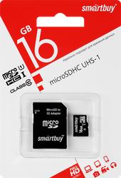 Карта памяти SMARTBUY micro SDHC 16GB Сlass 10 UHS-I, с адаптером SD, изображение