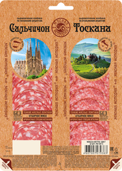 Колбаса сырокопченая МЯСНАЯ ИСТОРИЯ Сальчичон и Тоскана полусухая, нарезка, 100г, вид