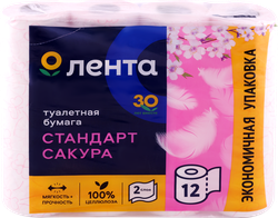 Бумага туалетная ЛЕНТА 2 слоя с ароматом сакуры, белая с розовым тиснением, 12шт, картинка