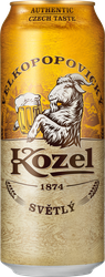 Пиво светлое VELKOPOPOVICKY KOZEL пастеризованное, 4%, ж/б, 0.45л, крупный план