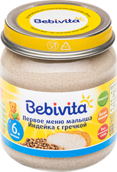 Пюре мясо-растительное BEBIVITA Первое меню малыша Индейка с гречкой, с 6 месяцев, 100г, изображение