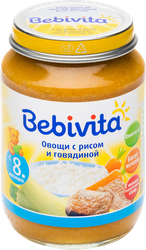Пюре мясо-растительное BEBIVITA Овощи с рисом и говядиной, с 8 месяцев, 190г, крупный план