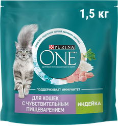 Корм сухой для взрослых кошек PURINA ONE полнорационный, при чувствительном пищеварении, с высоким содержанием индейки, 1,5кг, фотография