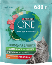 Корм сухой для взрослых кошек PURINA ONE Природа здоровья со спирулиной, для стерилизованных и кастрированных, с высоким содержанием говядины, 680г, вид