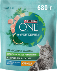 Изображение товара Корм сухой для взрослых кошек PURINA ONE Природа здоровья со спирулиной, с высоким содержанием курицы, 680г
