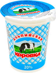 Продукт молокосодержащий АЛЬПИЙСКАЯ КОРОВКА произведенный по технологии сметаны 20%, с змж, 400г, крупный план