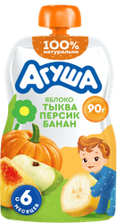 Пюре фруктовое детское АГУША Яблоко, тыква, персик, банан, с 6 месяцев,  90г, фото