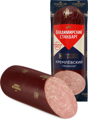 Колбаса варено-копченый ВЛАДИМИРСКИЙ СТАНДАРТ Сервелат Кремлевский, 350г, крупный план