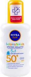 Спрей солнцезащитный детский NIVEA Sun Ультра защита, для чувствительной кожи SPF50+, 200мл, вид