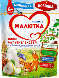 Каша мультизлаковая МАЛЮТКА молочная с яблоком, грушей и сливой, с 6 месяцев, 220г, детальное фото
