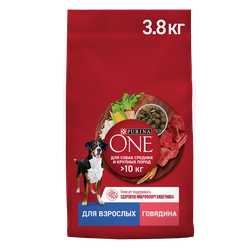 Изображение товара Корм сухой для взрослых собак PURINA ONE для средних и крупных пород, с высоким содержанием говядины и с рисом, 3,8кг