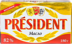 Масло кислосливочное PRESIDENT несоленое 82%, без змж, 180г, крупный план