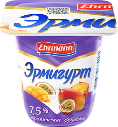 Продукт йогуртный EHRMANN Эрмигурт Экстра Сливочный с тропическими фруктами 7,5%, без змж, 100г, крупный план