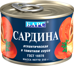 Сардина БАРС Атлантическая в томатном соусе, ГОСТ, 250г, картинка