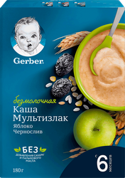 Каша мультизлаковая GERBER безмолочная, с яблоком и черносливом, с 6 месяцев, 180г, детальное фото