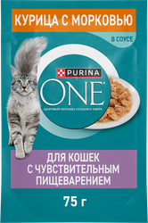 Корм влажный для взрослых кошек PURINA ONE Чувствительное пищеварение Курица и морковь, 75г, детальное фото