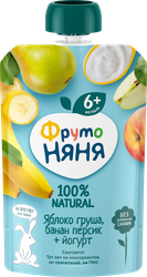 Пюре фруктово-йогуртное ФРУТОНЯНЯ Яблоко, груша, банан и персик, с йогуртом, с 6 месяцев, 90г, фото
