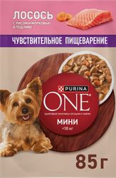 Корм влажный для взрослых собак PURINA ONE Мини для мелких и карликовых пород с чувствительным пищеварением, с лососем, рисом и морковью в подливе, 85г, фотография