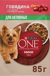 Корм влажный для взрослых собак PURINA ONE Мини для мелких и карликовых пород с активным образом жизни, с говядиной, картофелем и морковью в подливе, 85г, фото