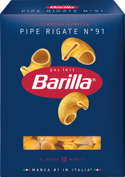 Макароны BARILLA Pipe Rigate n.91 из твердых сортов пшеницы группа А высший сорт, 450г, крупный план