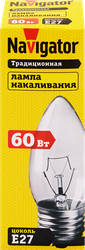 Лампа накаливания NAVIGATOR 60Вт Е27, прозрачная, свеча, вид
