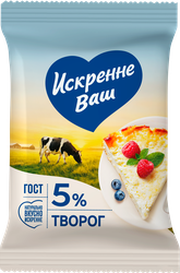 Творог ИСКРЕННЕ ВАШ 5%, без змж, 180г, крупный план