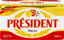 Масло кислосливочное PRESIDENT несоленое 82% высший сорт, без змж, 360г, фотография