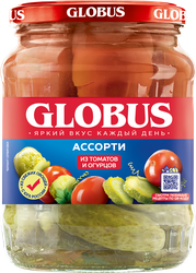 Ассорти GLOBUS томаты и огурцы маринованные, 720мл, крупный план