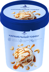 Изображение товара Мороженое ПЕТРОХОЛОД Карамельный тоффи, сливочное ванильное с кусочками кешью и мягкой карамелью 10%, без змж, ведерко, 275г