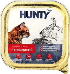 Корм консервированный для взрослых кошек HUNTY с говядиной, кусочки в желе, 100г, изображение