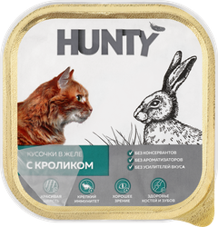 Корм консервированный для взрослых кошек HUNTY с кроликом, кусочки в желе, 100г, картинка