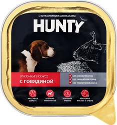 Корм консервированный для взрослых собак HUNTY кусочки в соусе с говядиной, 300г, детальное фото