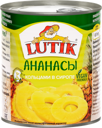 Ананасы LUTIK кольца в сиропе, 850мл, крупный план