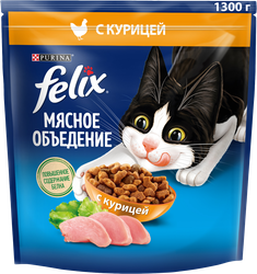 Корм сухой для взрослых кошек FELIX Мясное объедение, с курицей, 1,3кг, крупный план