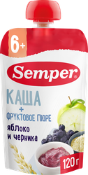 Пюре фруктовое SEMPER Яблоко, черника, с кашей, с 6 месяцев, 120г, фото