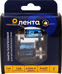 Лампа галогенная для фар ЛЕНТА H4, 60/55W, 4100K Арт. H4 12V60/55W, 2шт, фотография