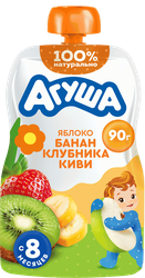 Пюре фруктово-ягодное детское АГУША Яблоко, банан, клубника и киви, с 8 месяцев, 90г, вид