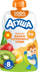 Пюре фруктово-ягодное детское АГУША Яблоко, банан, клубника и киви, с 8 месяцев, 90г, картинка