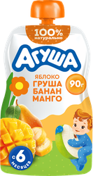 Пюре фруктовое детское АГУША Яблоко, груша, банан и манго, с 6 месяцев, 90г, детальное фото