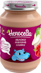 Пюре фруктово-ягодный НЕПОСЕДА Яблоко и малина со сливками, с 6 месяцев, 185г, изображение