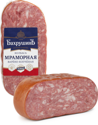 Колбаса варено-копченая БАХРУШИНЪ Мраморная, весовая, крупный план