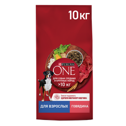 Корм сухой для взрослых собак PURINA ONE для средних и крупных пород, с высоким содержанием говядины и рисом, 10кг, фотография