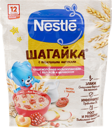 Каша мультизлаковая NESTLE Шагайка, молочная с яблоком, кусочками  абрикоса и воздушными фигуркамис соком граната, с 12 месяцев, 190г, фотография