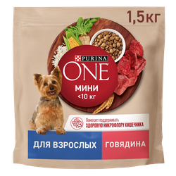 Корм сухой для взрослых собак PURINA ONE Мини, со вкусом говядины, 1,5кг, фотография