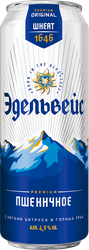 Напиток пивной EDELWEISS Wheat beer нефильтрованный пастеризованный осветленный, 4,9%, ж/б, 0.43л, крупный план