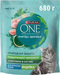 Изображение товара Корм сухой для взрослых кошек PURINA ONE Природа здоровья со спирулиной, с высоким содержанием индейки, 680г