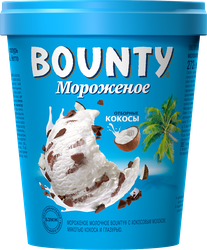 Мороженое BOUNTY молочное с кокосовым молоком, мякотью кокоса и молочным шоколадом, без змж, картонный стакан, 272г, крупный план