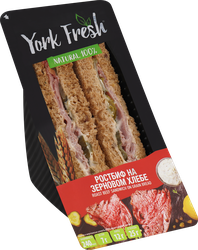 Сэндвич YORK FRESH с ростбифом и корнишонами на зерновом хлебе в соусе тартар, 150г, крупный план