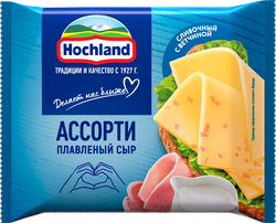 Сыр плавленый HOCHLAND Ассорти: сливочный, ветчина 45%, ломтики, без  змж, 150г, детальное фото